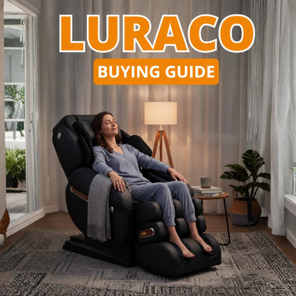 Luraco Buying Guide image showing a woman relaxing in a luxury Luraco massage chair in a home setting.