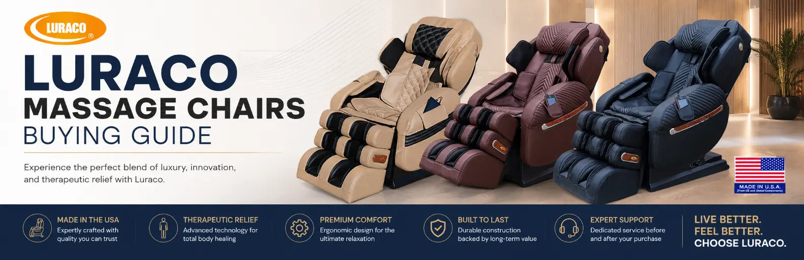 Luraco Massage Chairs Buying Guide promotional graphic showing three massage chair models in beige, brown, and navy blue, with product features and benefits listed along the bottom.
