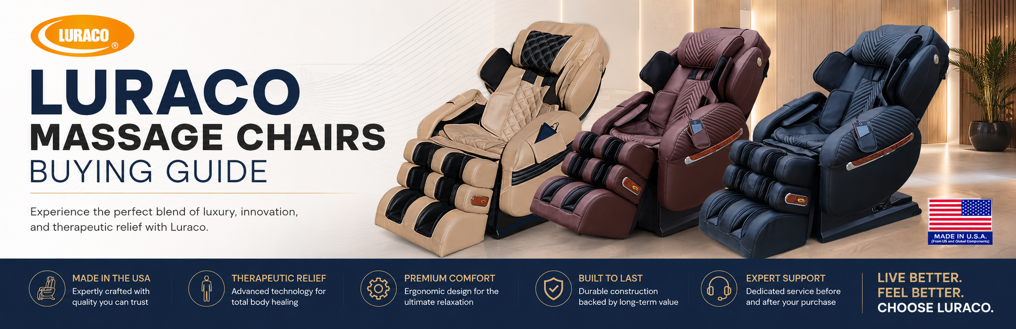 Luraco Massage Chairs Buying Guide promotional graphic showing three massage chair models in beige, brown, and navy blue, with product features and benefits listed along the bottom.