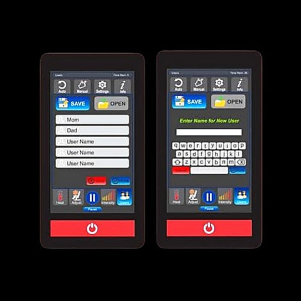 Touchscreen remote displaying the user profile save and selection feature on the Luraco i9 Max Special Edition massage chair.