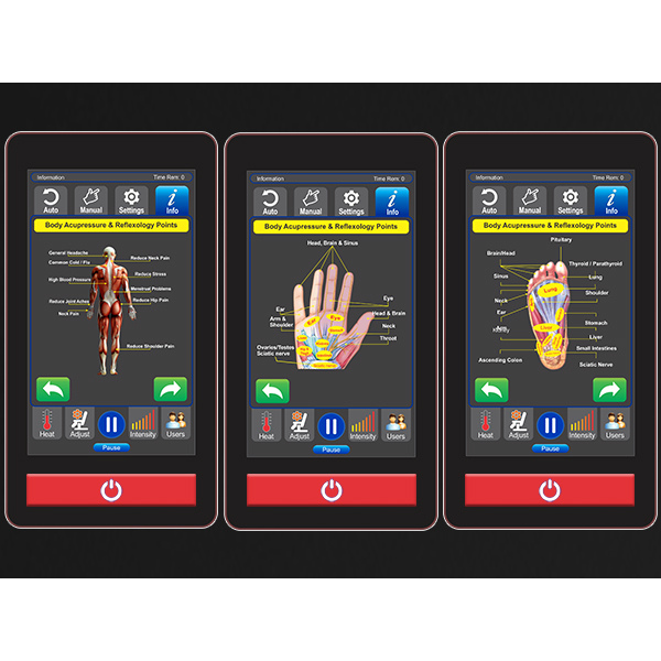 The Model 3 Hybrid displays diagrams of the body's acupressure points and reflexology areas on its screen, allowing users to visually track which parts of the body are being targeted. 