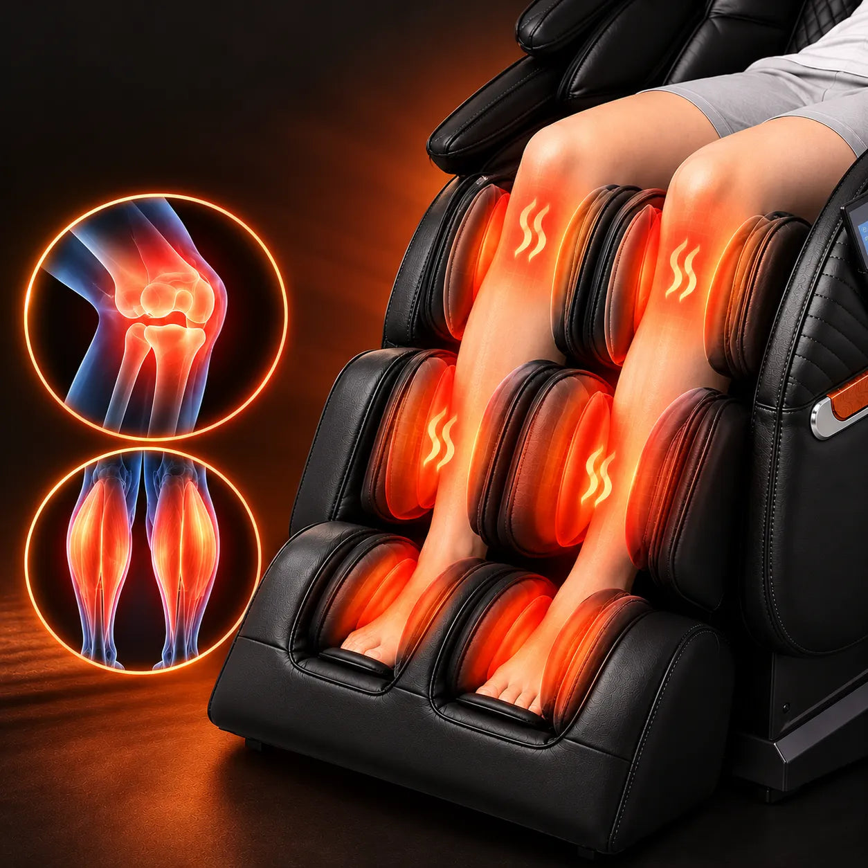 Luraco iRobotics i11 Special Edition Medical Massage Chair featuring targeted calf and knee heat therapy for soothing warmth, muscle relaxation, and lower-body comfort.