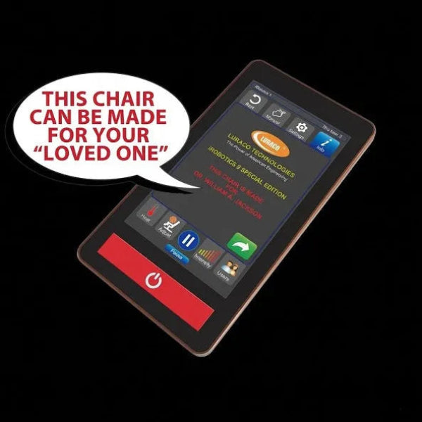 Luraco iRobotics i11 Special Edition Medical Massage Chair Level 1 Software Customization featuring personalized touchscreen welcome messages, custom images, and business logos.