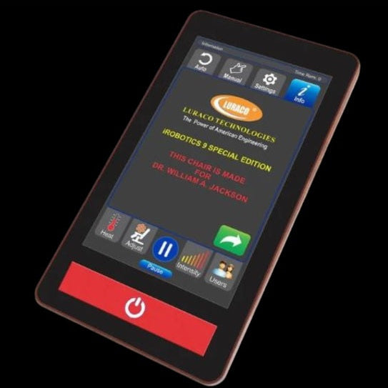Touchscreen remote control for the Luraco i9 Max Special Edition massage chair displaying automatic massage programs.