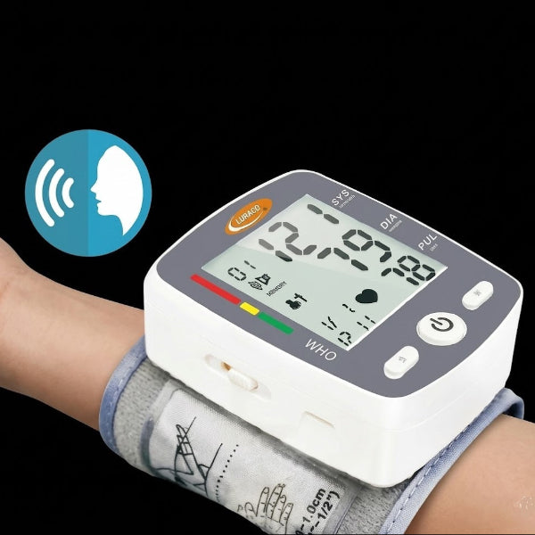 Wrist blood pressure monitor on a person's arm with digital display for the Luraco i9 Max SE medical massage chair.