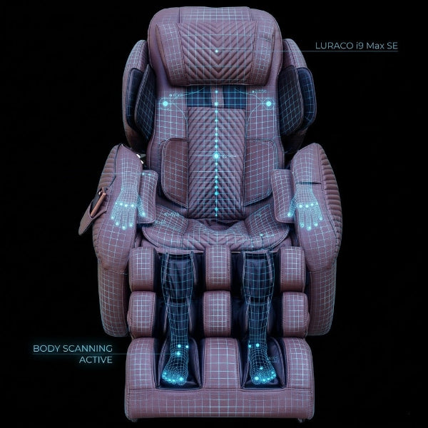 Luraco i9 Max Special Edition massage chair with AI body scanning grid detecting the body for customized massage positioning.