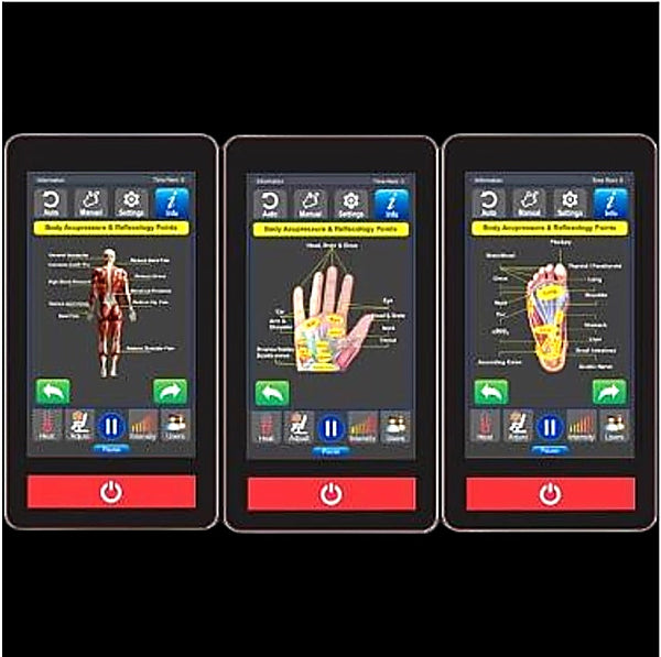 Touchscreen remote displaying helpful diagrams of body acupuncture points and reflexology zones on the Luraco i9 Max Special Edition massage chair.