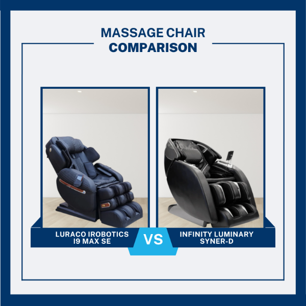Luraco i9 Max SE vs Infinity Luminary massage chair comparison showing two chairs side by side.
