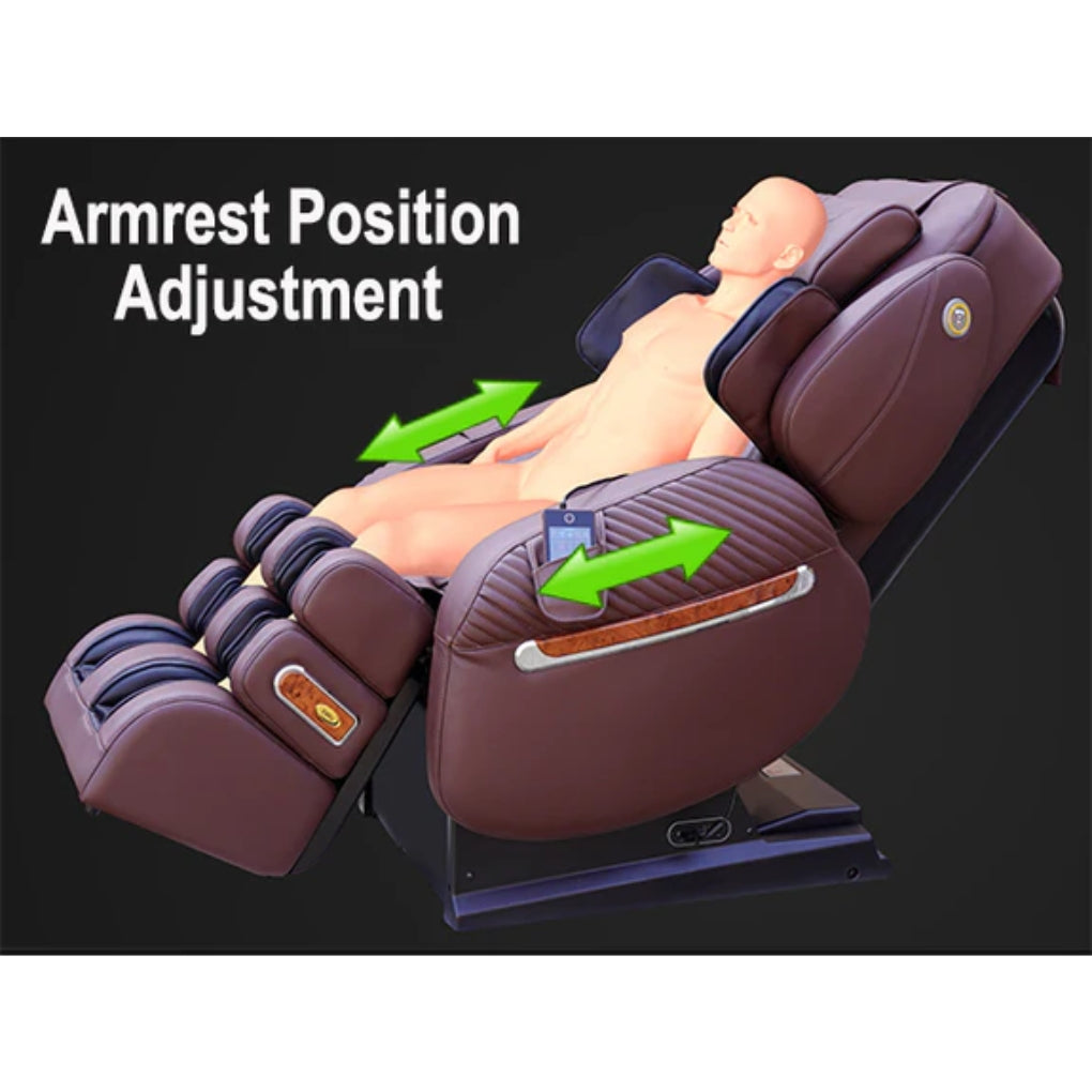 Luraco massage chair featuring uniquely designed armrests with adjustable positions, the first and only in the industry, specifically tailored to provide a more precise hand and arm massage.