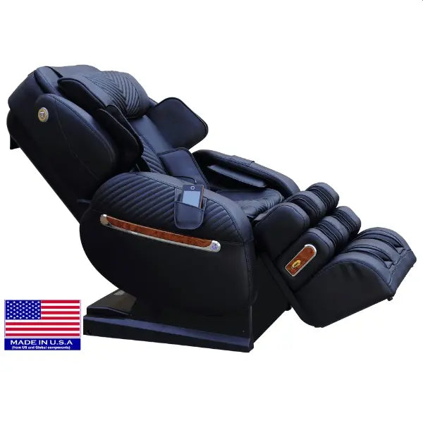 The Luraco iRobotics i9 Max Special Edition Medical Massage Chair in black leather in a reclined position.