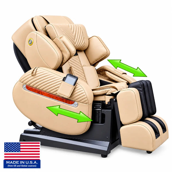 Luraco iRobotics i11 Special Edition Medical Massage Chair in cream demonstrating the easy entry armrests with a made in the USA flag icon.