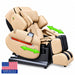 Luraco iRobotics i11 Special Edition Medical Massage Chair in cream demonstrating the easy entry armrests with a made in the USA flag icon.