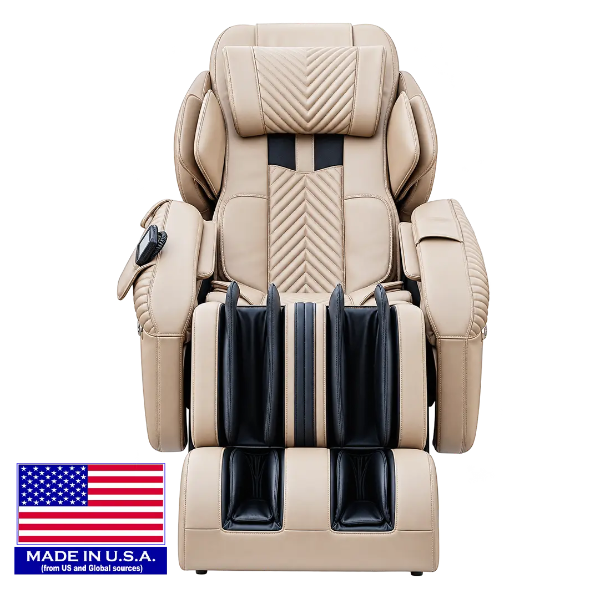 Luraco iRobotics i11 Special Edition Medical Massage Chair in cream leather upholstery, front view.