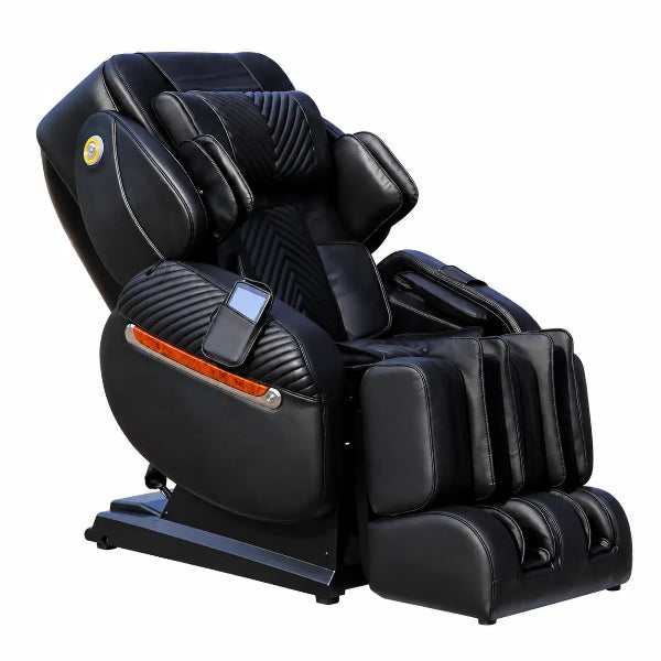 Luraco iRobotics i11 Special Edition black massage chair with premium upholstery, angled view.