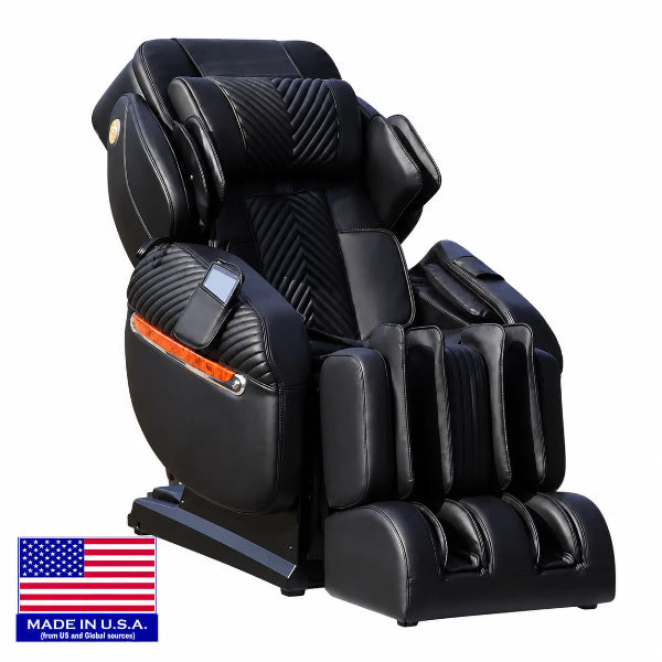 Luraco iRobotics i11 Special Edition Medical Massage Chair in black, angled view with made in America badge.