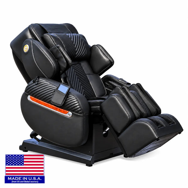 Luraco iRobotics i11 Special Edition black massage chair in reclined position with Made in USA flag badge.