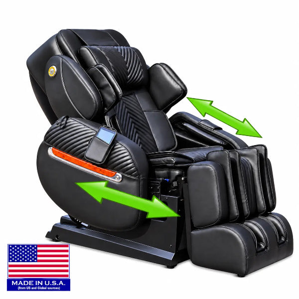 Luraco iRobotics 11 Special Edition Medical Massage Chair in black leather upholstery with easy entry armrests.