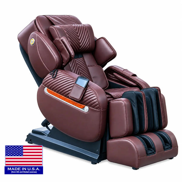 Luraco iRobotics i11 Special Edition massage chair in brown with Made in USA flag badge.