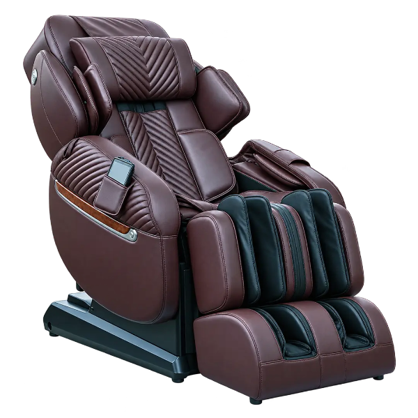 Luraco iRobotics i11 Special Edition massage chair in brown leather upholstery.