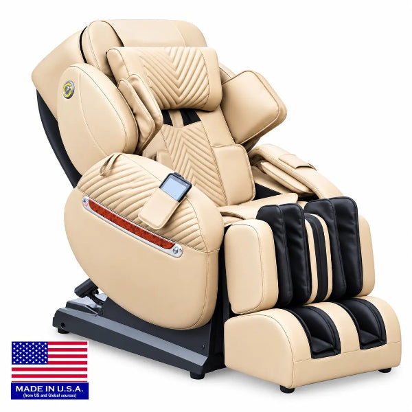 Luraco iRobotics i11 Special Edition Medical Massage Chair in cream, angled view with made in USA icon.