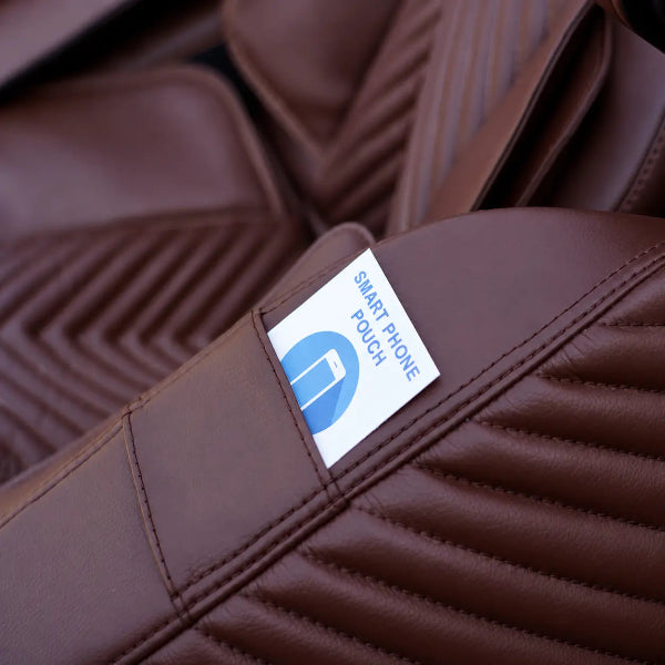 Close-up of the Luraco iRobotics 11 Special Edition Medical Massage Chair in chocolate brown leather, featuring a built-in smartphone holder for convenient access during massage sessions.