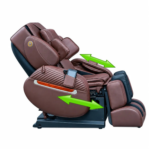 Luraco iRobotics i11 Special Edition Medical Massage Chair in chocolate brown, side view showing the easy entry armrests.