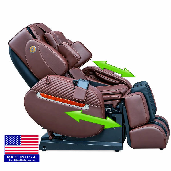 Luraco iRobotics i11 Special Edition Medical Massage Chair in chocolate brown leather, side view showing the easy entry armrests.