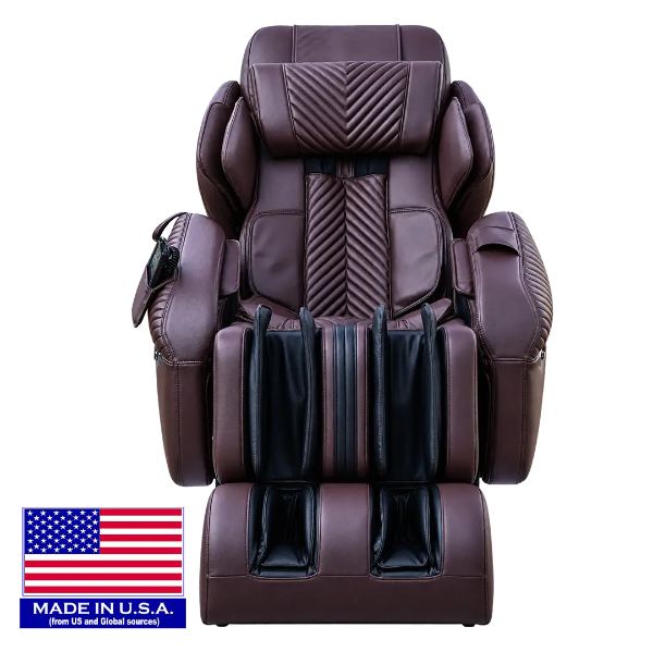Luraco iRobotics i11 Special Edition Medical Massage Chair in chocolate brown, front view with made in USA icon.