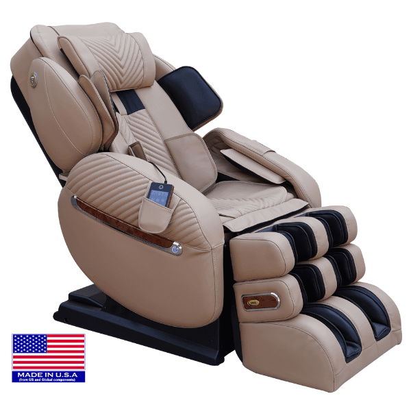 ​An image of the Luraco i9 Max Medical Massage Chair in cream, highlighting its luxurious leather upholstery and advanced massage features.​