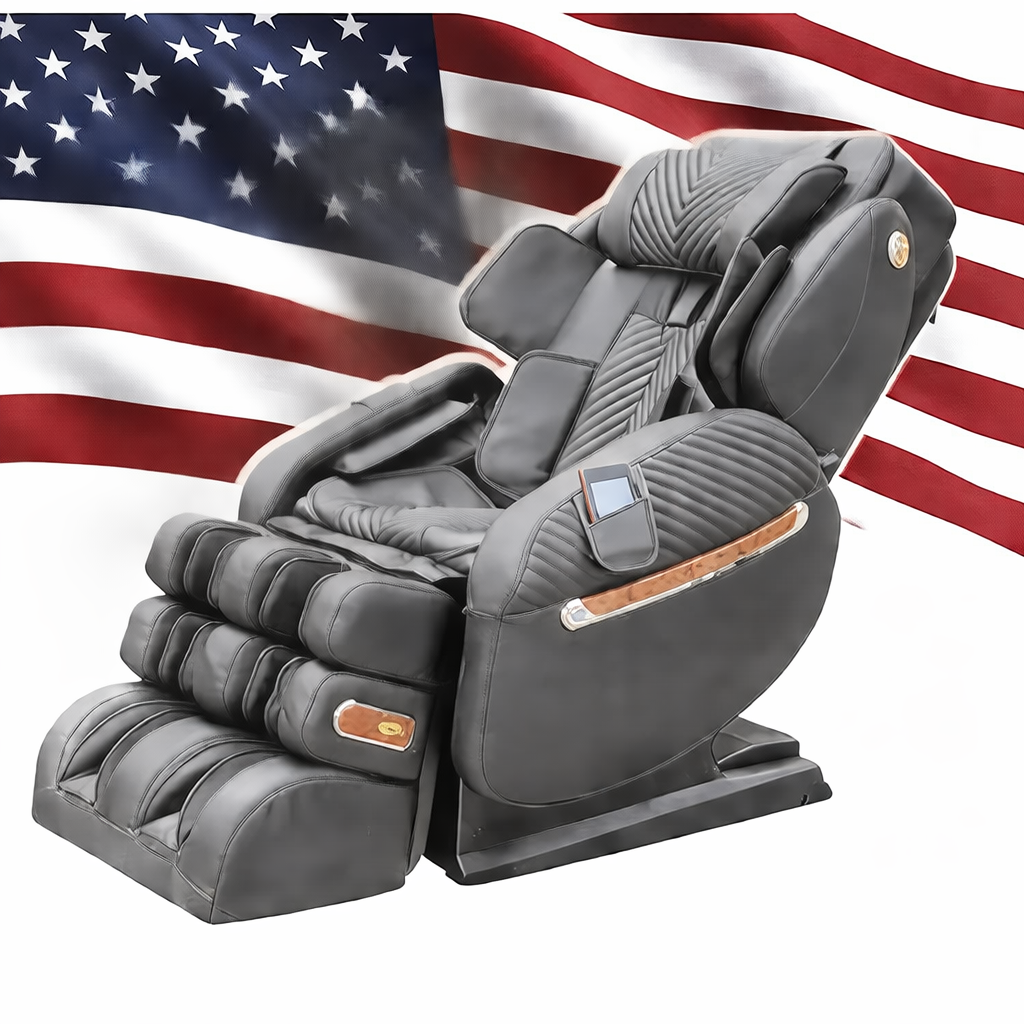 Luraco i9 Max Special Edition American-made medical massage chair in black leather with full-body design displayed in front of a U.S. flag.