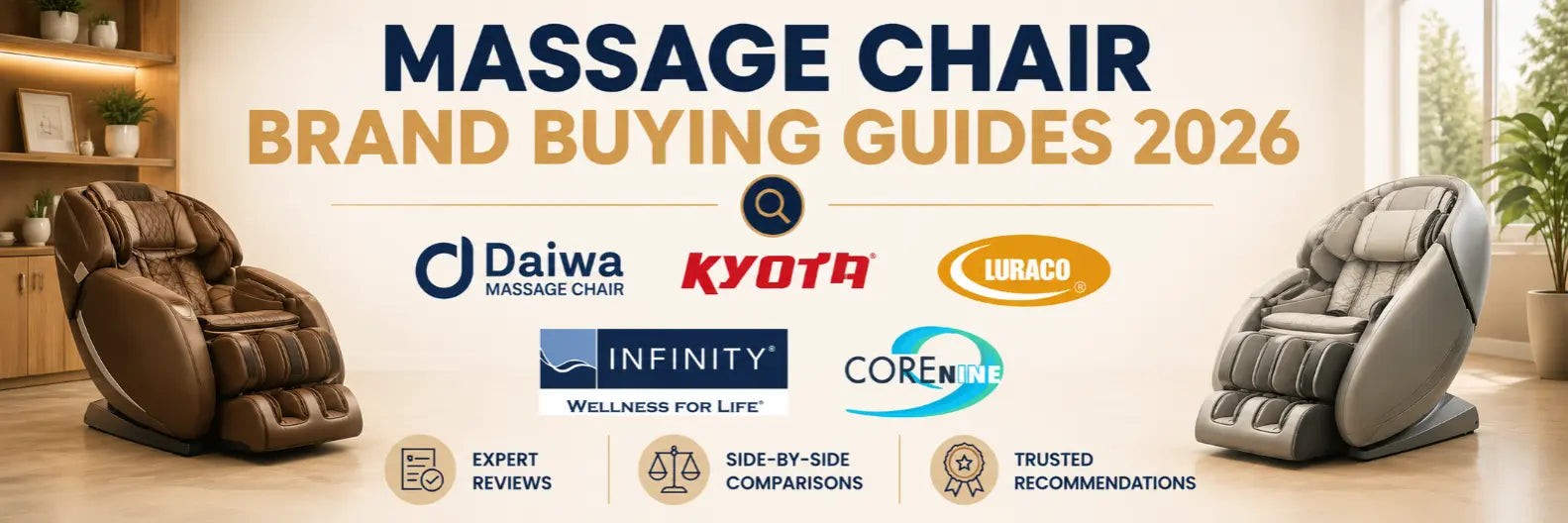 Massage Chair Brand Buying Guides 2026 featuring Daiwa, Kyota, Luraco, COREnine, and Infinity massage chair brands with expert reviews and side-by-side comparisons.