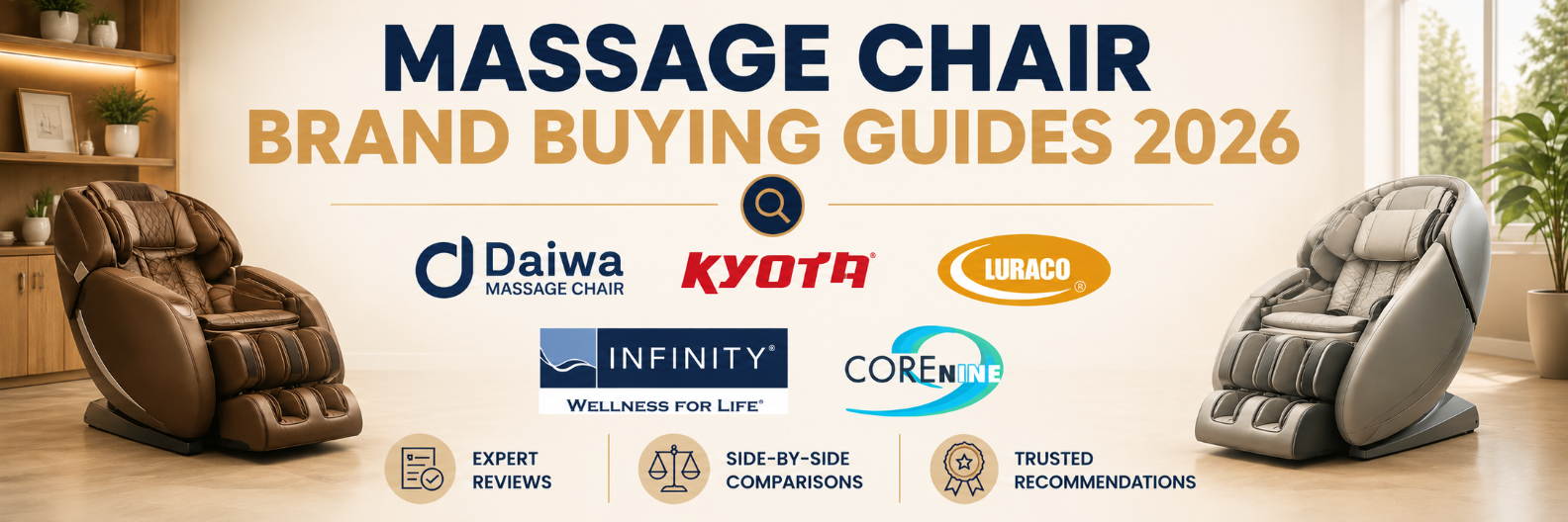 Massage Chair Brand Buying Guides 2026 featuring Daiwa, Kyota, Luraco, COREnine, and Infinity massage chair brands with expert reviews and side-by-side comparisons.