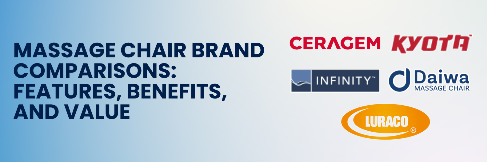 Massage chair brand comparison featuring Osaki, Titan, Daiwa, Luraco, and Infinity chairs side by side.