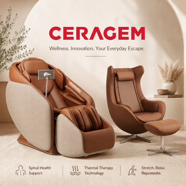Ceragem massage chairs compared in a luxury wellness setting featuring thermal massage, spinal care, and stretching technology.