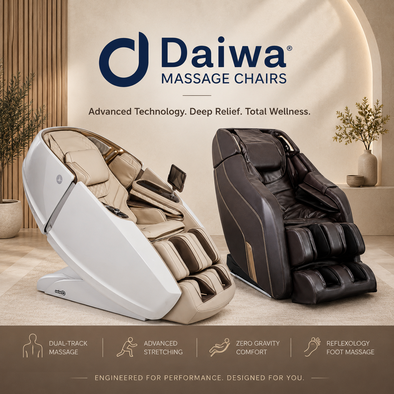 Daiwa massage chairs featuring the Supreme Hybrid and Pegasus Hybrid models in a warm contemporary setting, highlighting dual-track massage, stretching programs, and premium recovery technology.