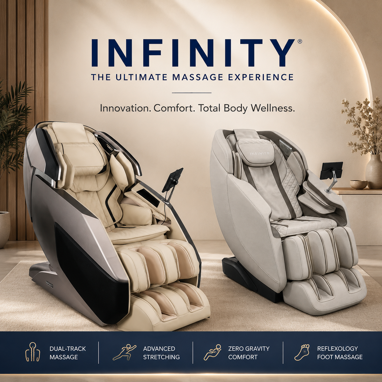 Infinity massage chairs displayed in a luxury wellness environment featuring the Celebrity Elite and Ultra Imperial Syner-D models, showcasing dual-track massage technology, advanced stretching, and full-body relaxation.