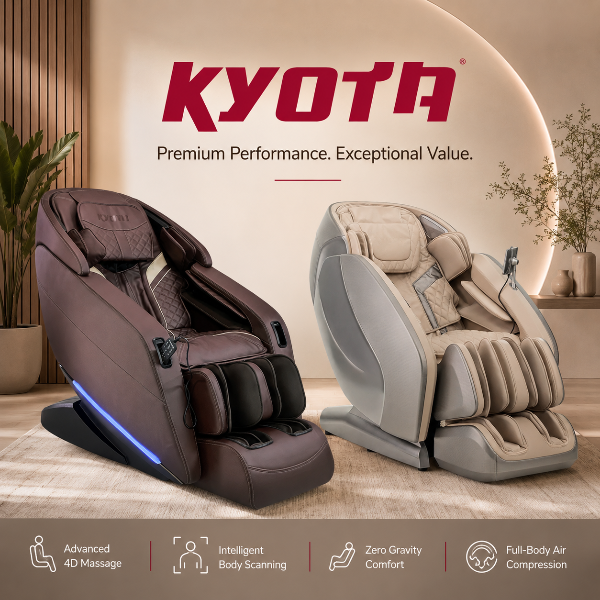 Kyota massage chairs displayed in a contemporary setting featuring the Hatsumei M900 AI and Yugana M780 models, highlighting advanced 4D massage technology, zero gravity recline, and premium comfort.