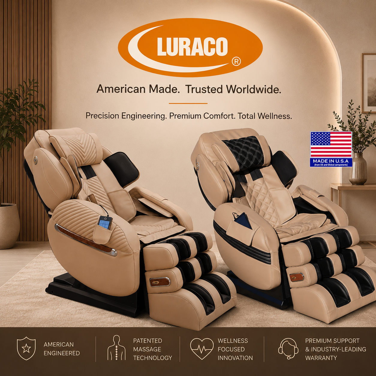 Luraco massage chairs displayed in a luxury wellness setting featuring the i9 Max Special Edition and Model 3 Hybrid SL, highlighting American engineering, wellness innovation, and premium comfort.
