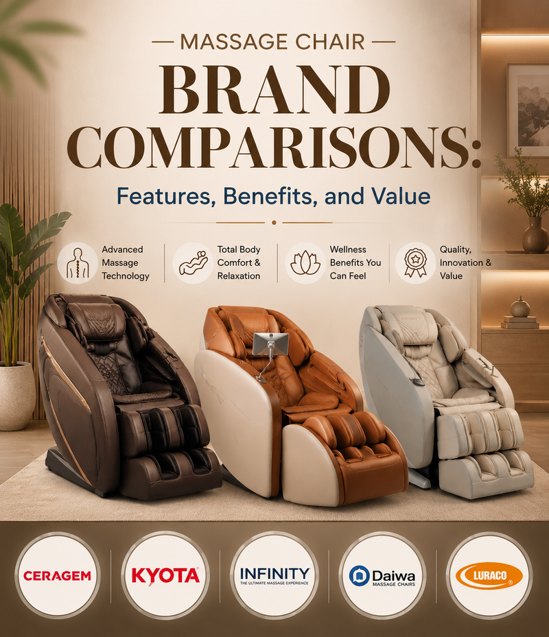 Mobile graphic comparing top massage chair brands including Ceragem, Kyota, Infinity, Daiwa, and Luraco, showcasing wellness features, massage technology, comfort, and value.