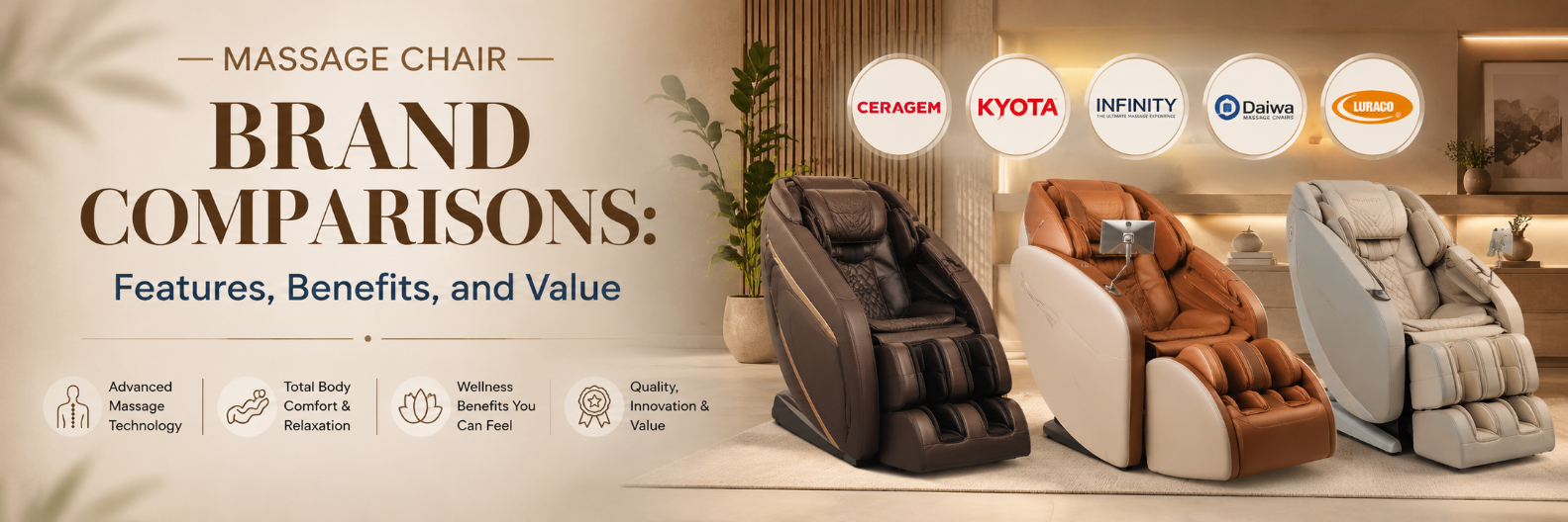 Massage chair brand comparison banner featuring Ceragem, Kyota, Infinity, Daiwa, and Luraco massage chairs, highlighting features, benefits, technology, and value across leading massage chair brands.