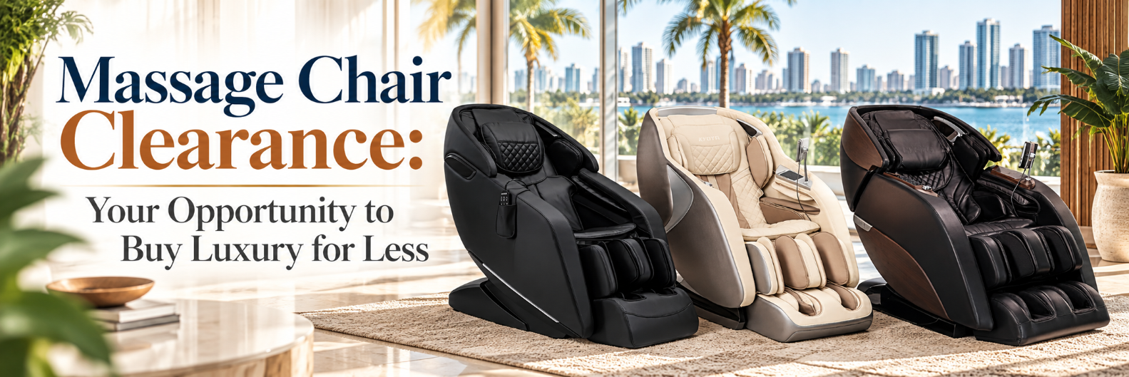 Three luxury massage chairs featured in a massage chair clearance sale for premium models at lower prices.