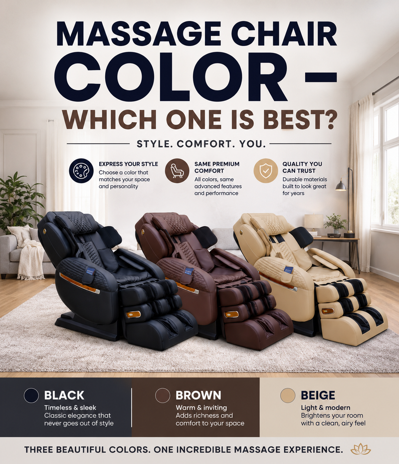 A promotional graphic for massage chair colors, showing three massage chairs in black, brown, and beige arranged in a bright living room. Large text at the top reads 'MASSAGE CHAIR COLOR - WHICH ONE IS BEST?' with smaller supporting text and color callouts at the bottom indicating Black, Brown, and Beige.