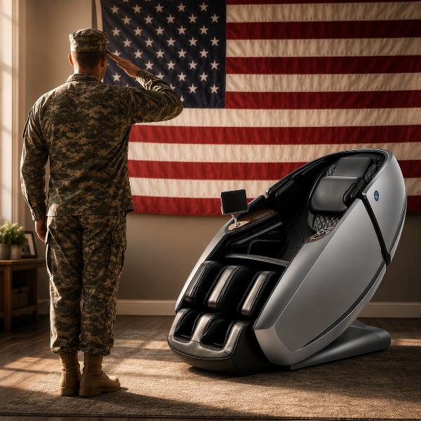 Soldier saluting the American flag beside a luxury massage chair, representing military discounts on massage chairs for active-duty service members, veterans, and their families.
