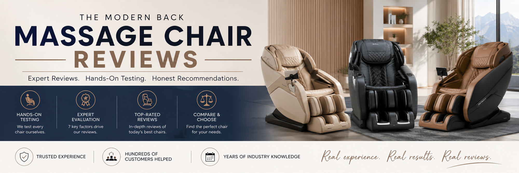A promotional banner for massage chairs featuring three chair views: a beige modern back massage chair on the left, a black massage chair in the center, and a brown-and-black massage chair on the right. The left side includes large text reading 'The Modern Back Massage Chair Reviews' with review callouts and icons below.