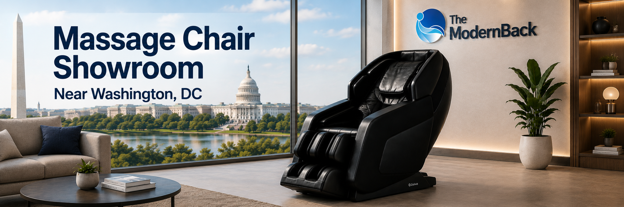 Luxury Daiwa massage chairs on display at The Modern Back's massage chair showroom near Washington, DC, where customers can experience premium full-body massage chairs in person.