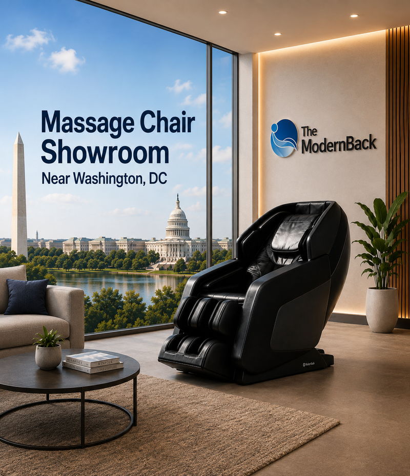 Customer exploring premium Daiwa massage chairs at The Modern Back's showroom near Washington, DC, featuring advanced full-body massage technology.