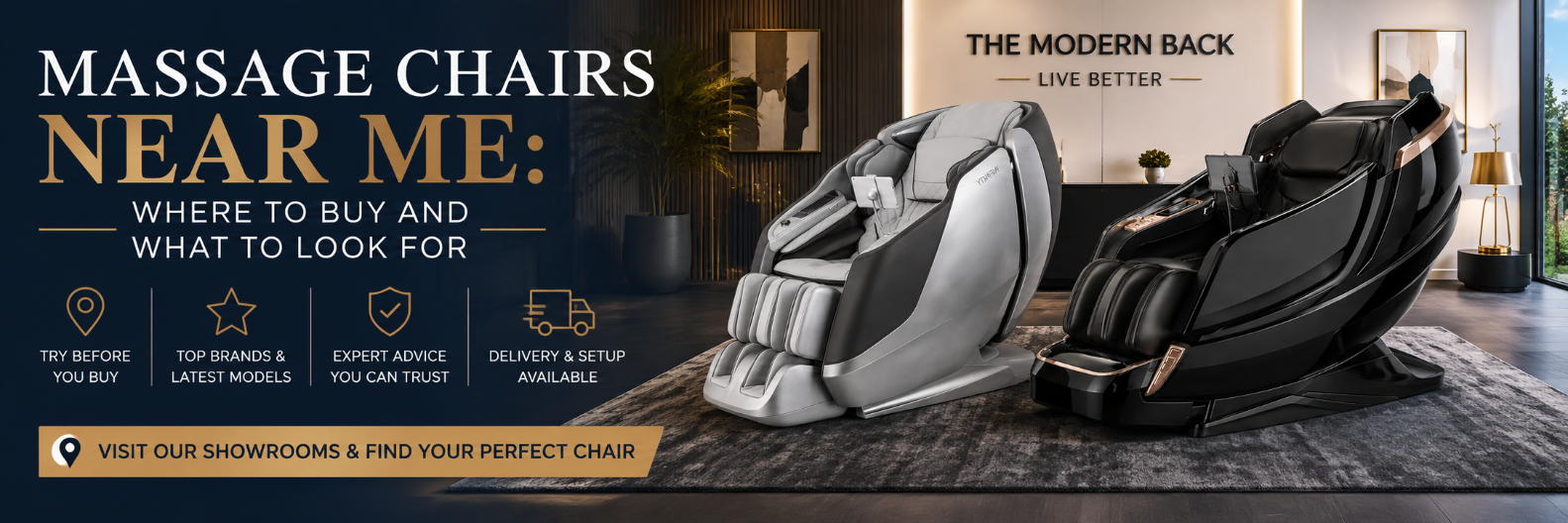 Promotional banner for massage chairs showing two models: one silver and white and one black and brown, set in a modern living room interior. The banner includes marketing text such as 'MASSAGE CHAIRS NEAR ME: WHERE TO BUY AND WHAT TO LOOK FOR' and 'THE MODERN BACK LIVE BETTER'.