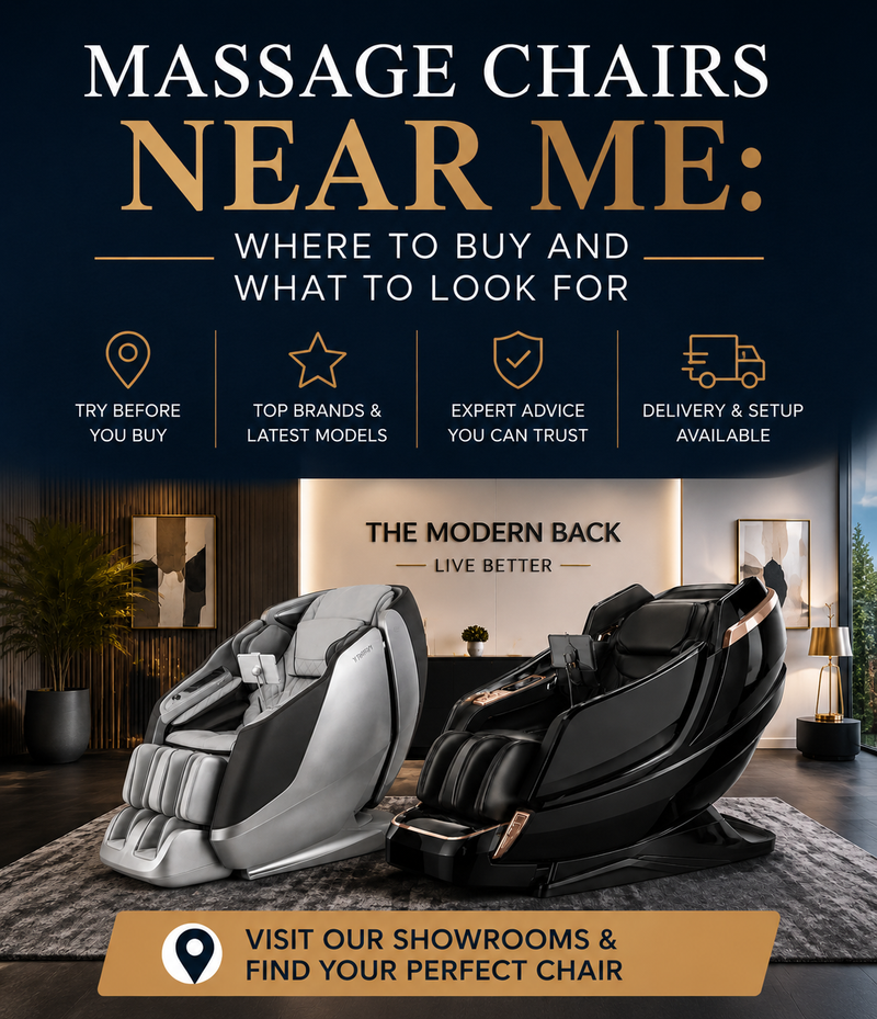 Promotional advertisement for massage chairs, featuring two modern massage chairs in a luxurious showroom setting. One chair is silver and gray, and the other is black with rose gold accents.