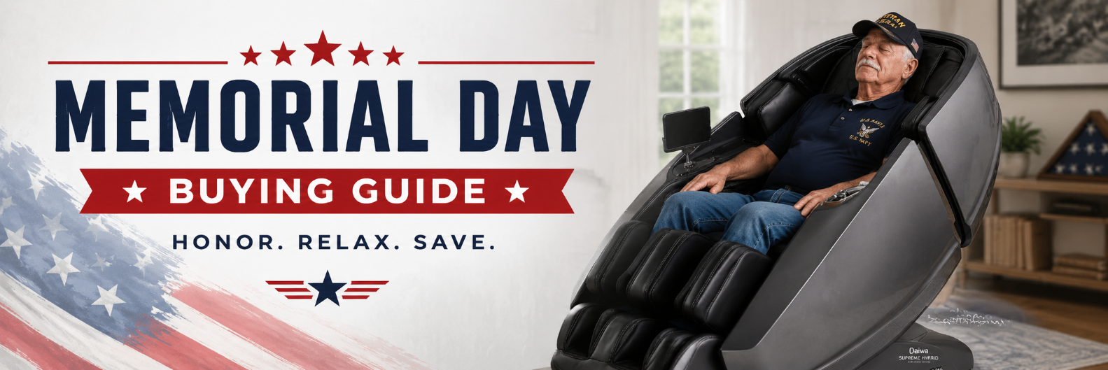 Memorial Day Buying Guide banner featuring a veteran relaxing in a Daiwa Supreme Hybrid massage chair with patriotic red, white, and blue design elements.