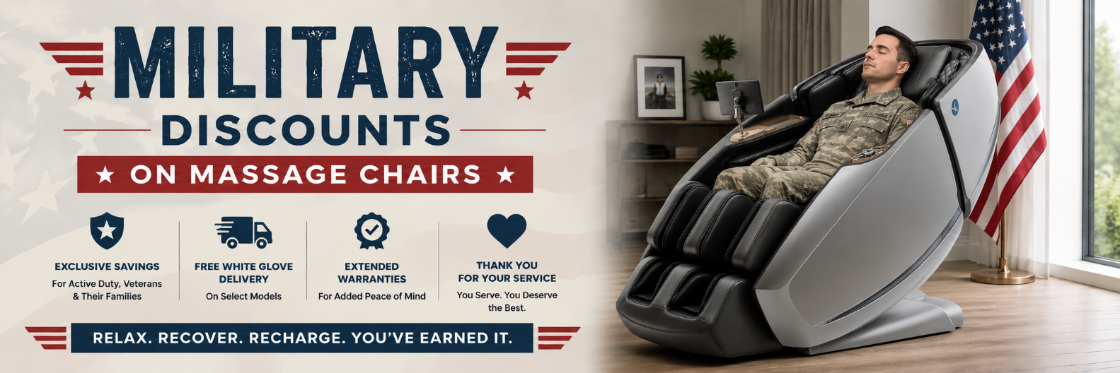 Military discounts on massage chairs for active-duty military members, veterans, and their families, featuring exclusive savings and special offers.
